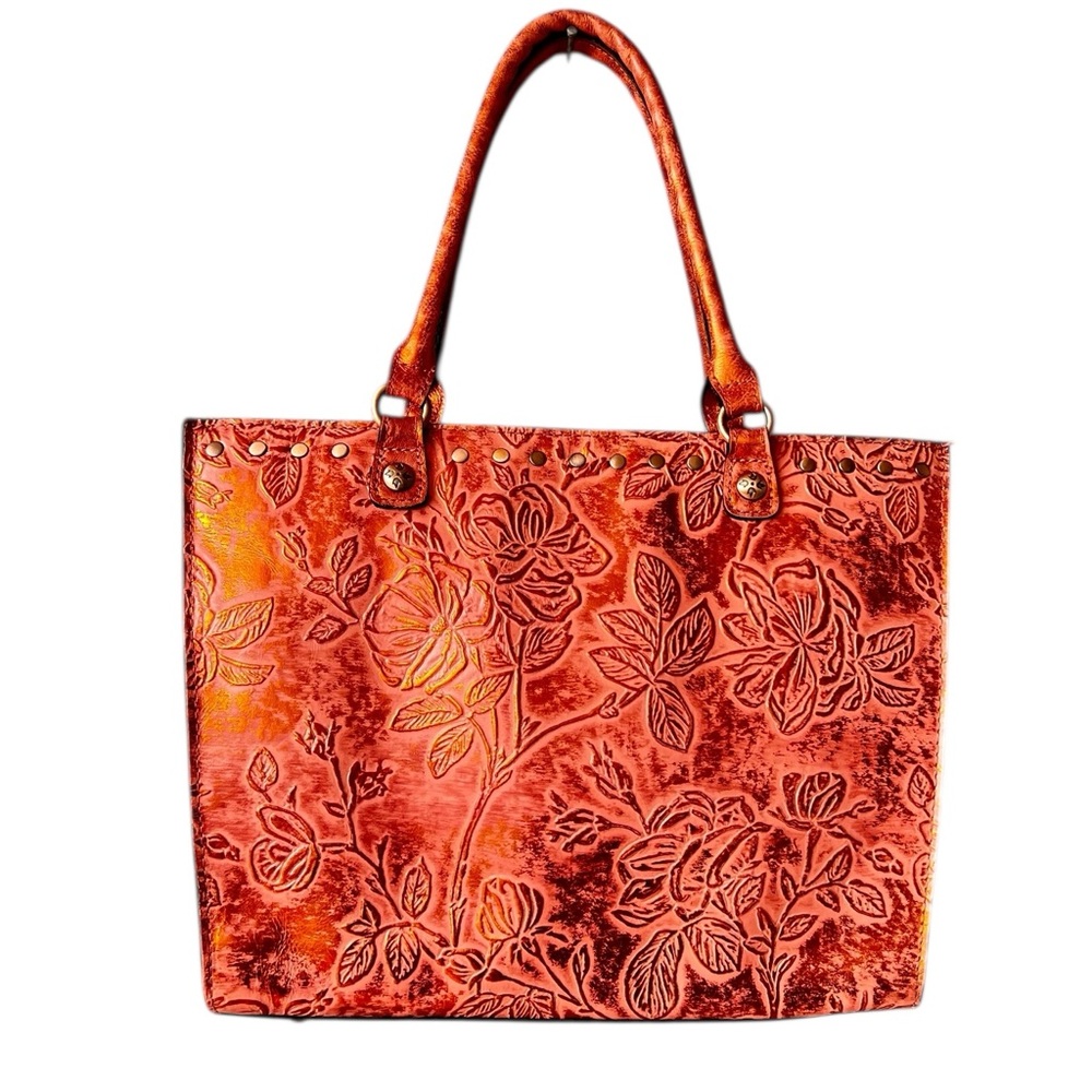 Patricia Nash Zacona Tote Metallic Orange Purse Tool Cut Design
